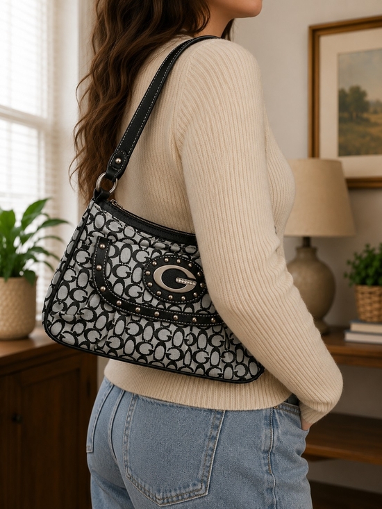 Handbags - Monogram Black and Gray Signature Jacquard Shoulder Bag with Studded Trim